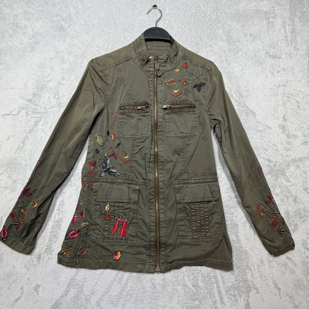 Cotton Olive Green Utility Jacket Floral Embroidered Boho Size S Mock Neck